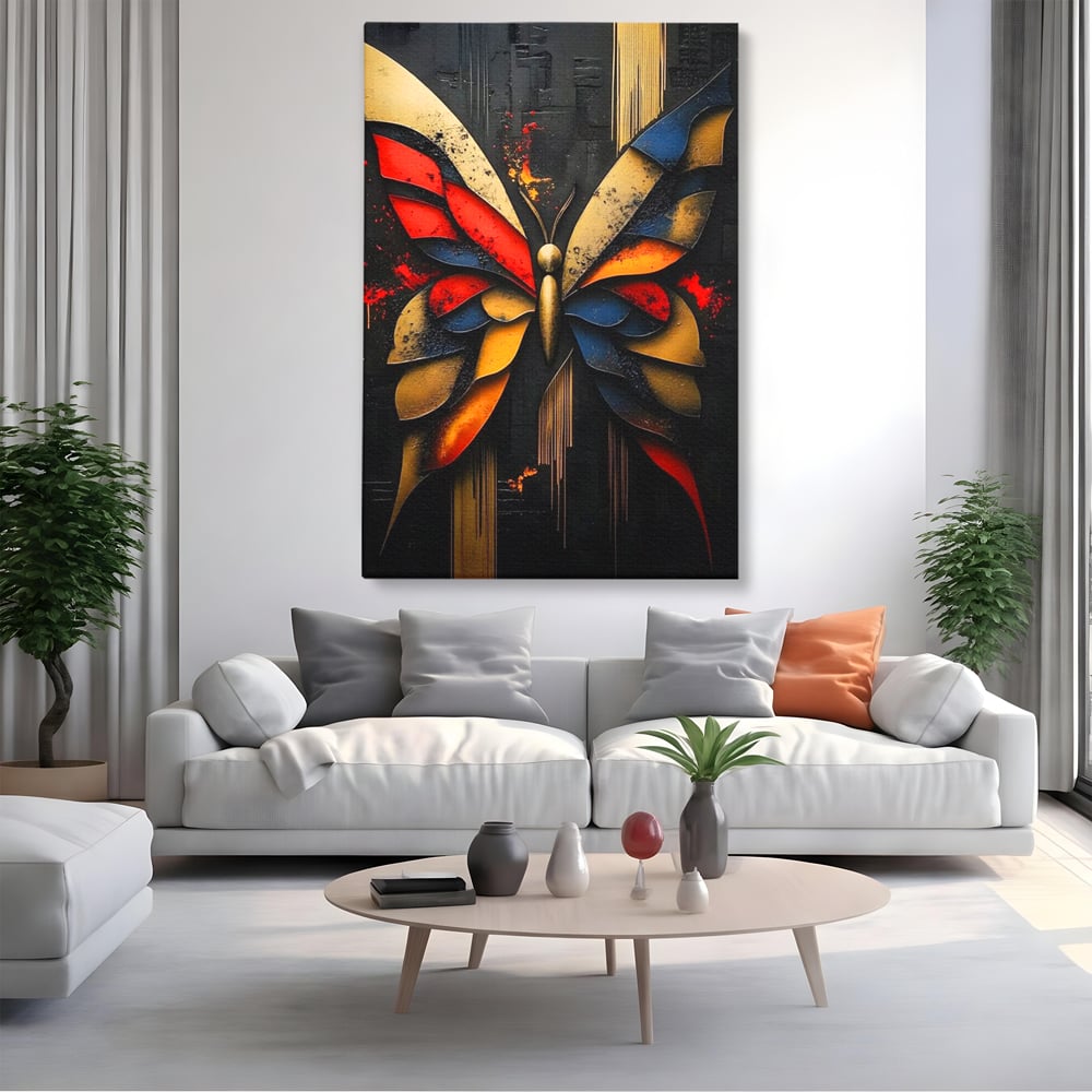 Tablou canvas cu tablou canvas cu fluture abstract, fara rama, pe sasiu de lemn, pe perete intr-un living